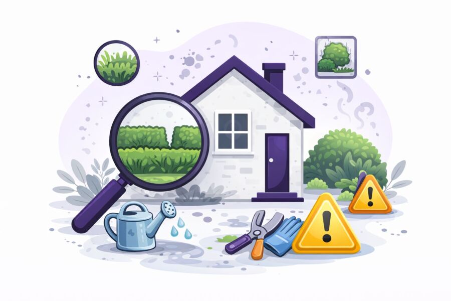 Garden maintenance Cardiff illustration showing exterior property care, hedge trimming, tools and outdoor upkeep