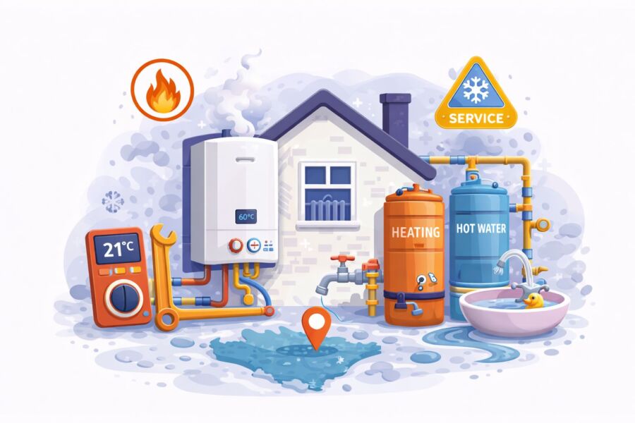 Heating and hot water Cardiff system showing boiler, radiators and home heating setup